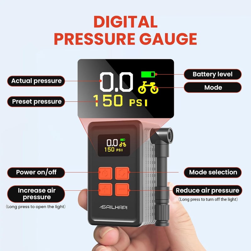 SAILHAPI Mini Bike Tire Pump (150PSI Fast Inflation with Guage) (Presta and Schrader Valve) Portable Electric Air Pump for Road and Mountain Bicycle, E-Bike, Motorcycle, Sports Ball - Image 5